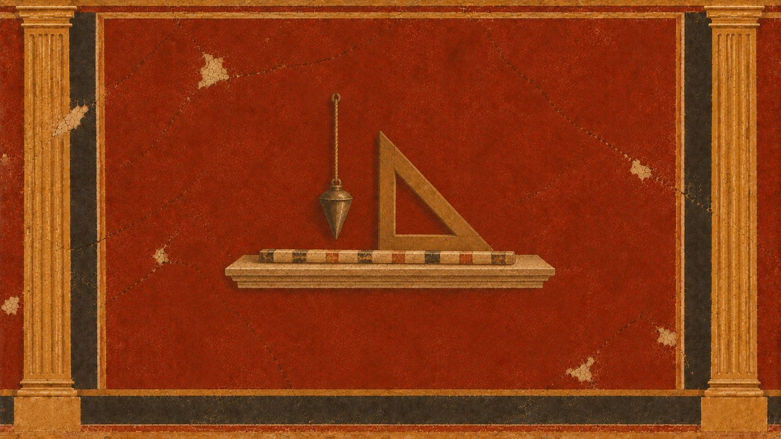 A Roman fresco still life of a builder's plumb bob and set-square resting on a stone ledge