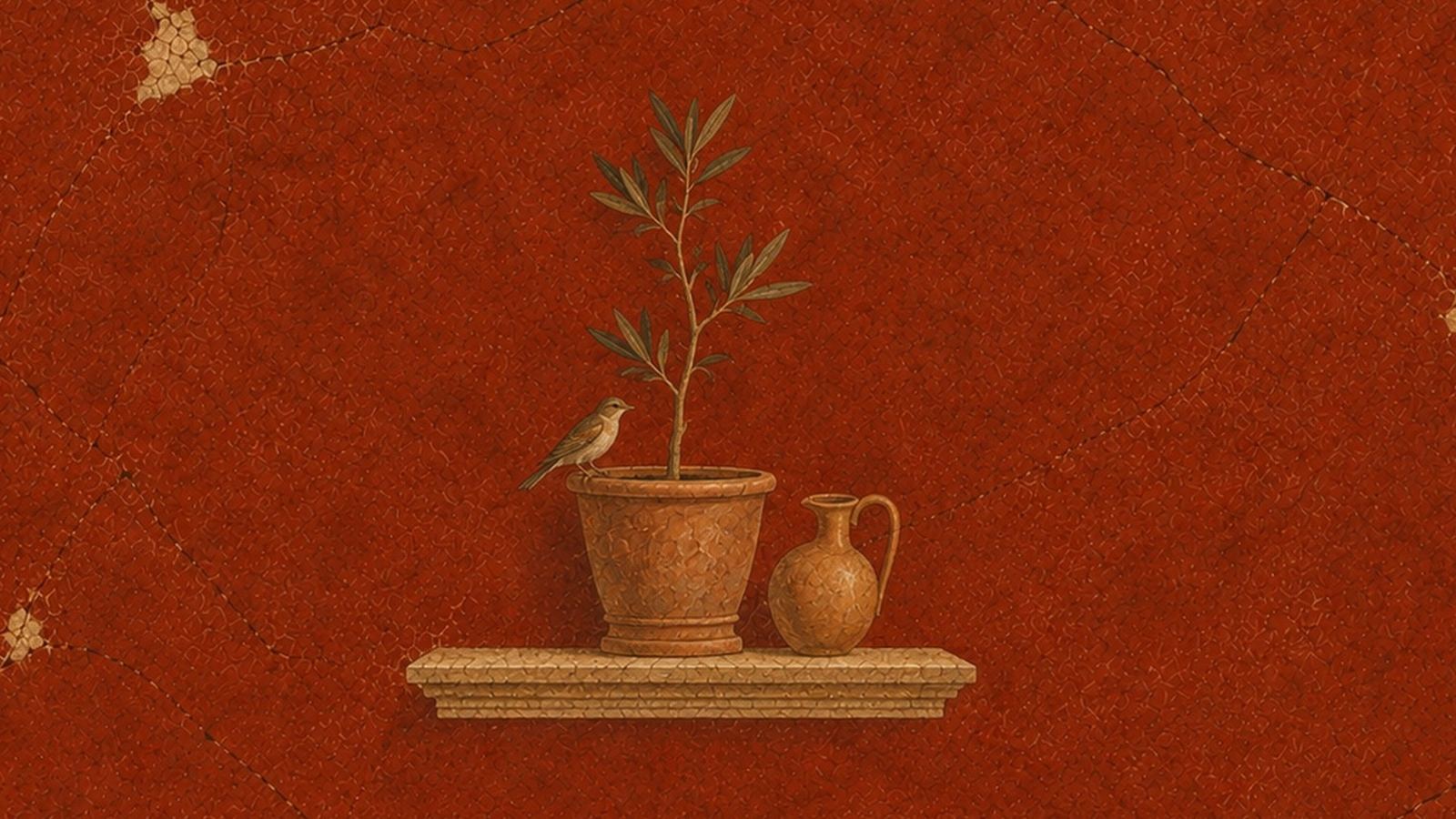 A Roman fresco of a young olive sapling growing from a terracotta planter with a songbird perched on its rim, beside a small clay pitcher