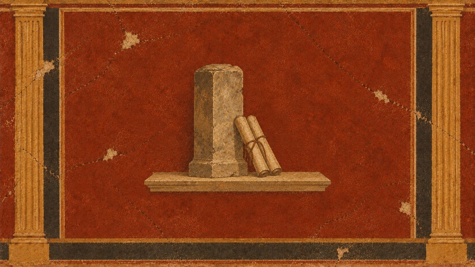 A Roman fresco of a weathered stone boundary marker standing on a stone ledge with two tied scrolls leaning against its base