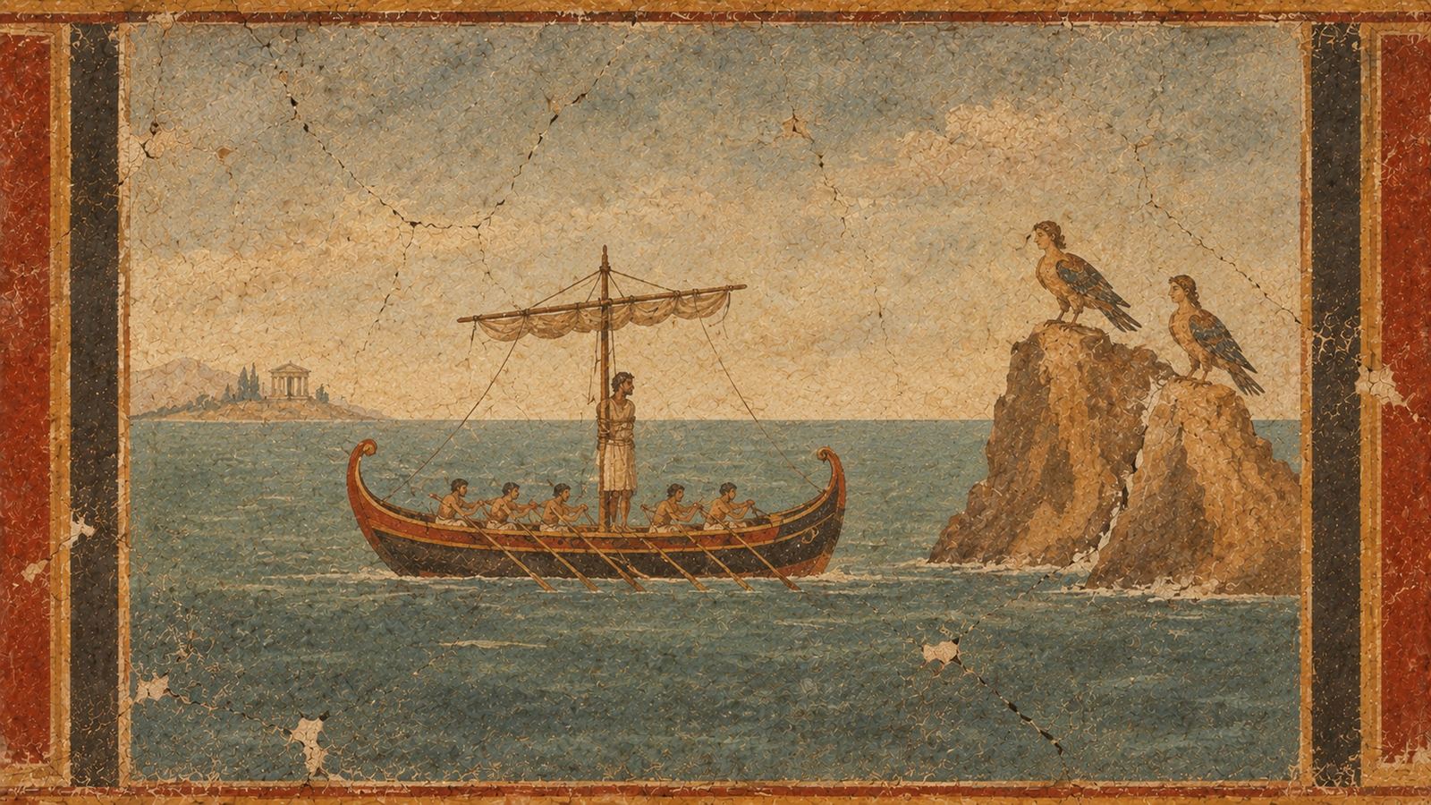 A Roman fresco of a ship with a bound figure lashed to the mast and oarsmen rowing past a rocky islet where two Sirens perch, a distant shrine on the horizon