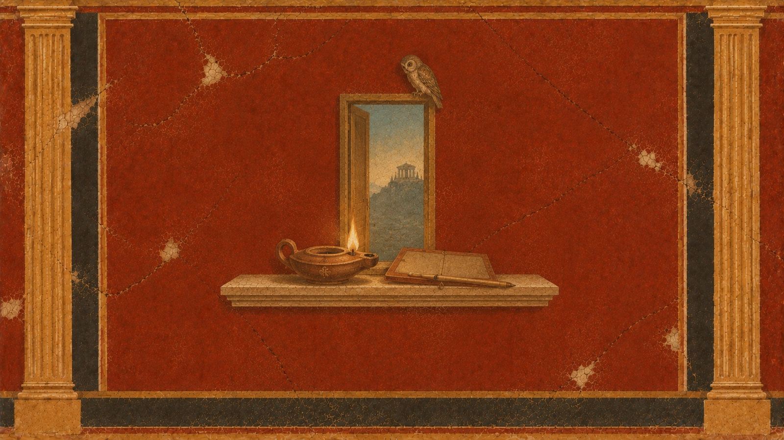 A painted Roman fresco still life of an open doorway looking out onto a distant hilltop temple, with a small owl perched above the door and a lit oil lamp beside an open wax tablet and stylus on a stone ledge