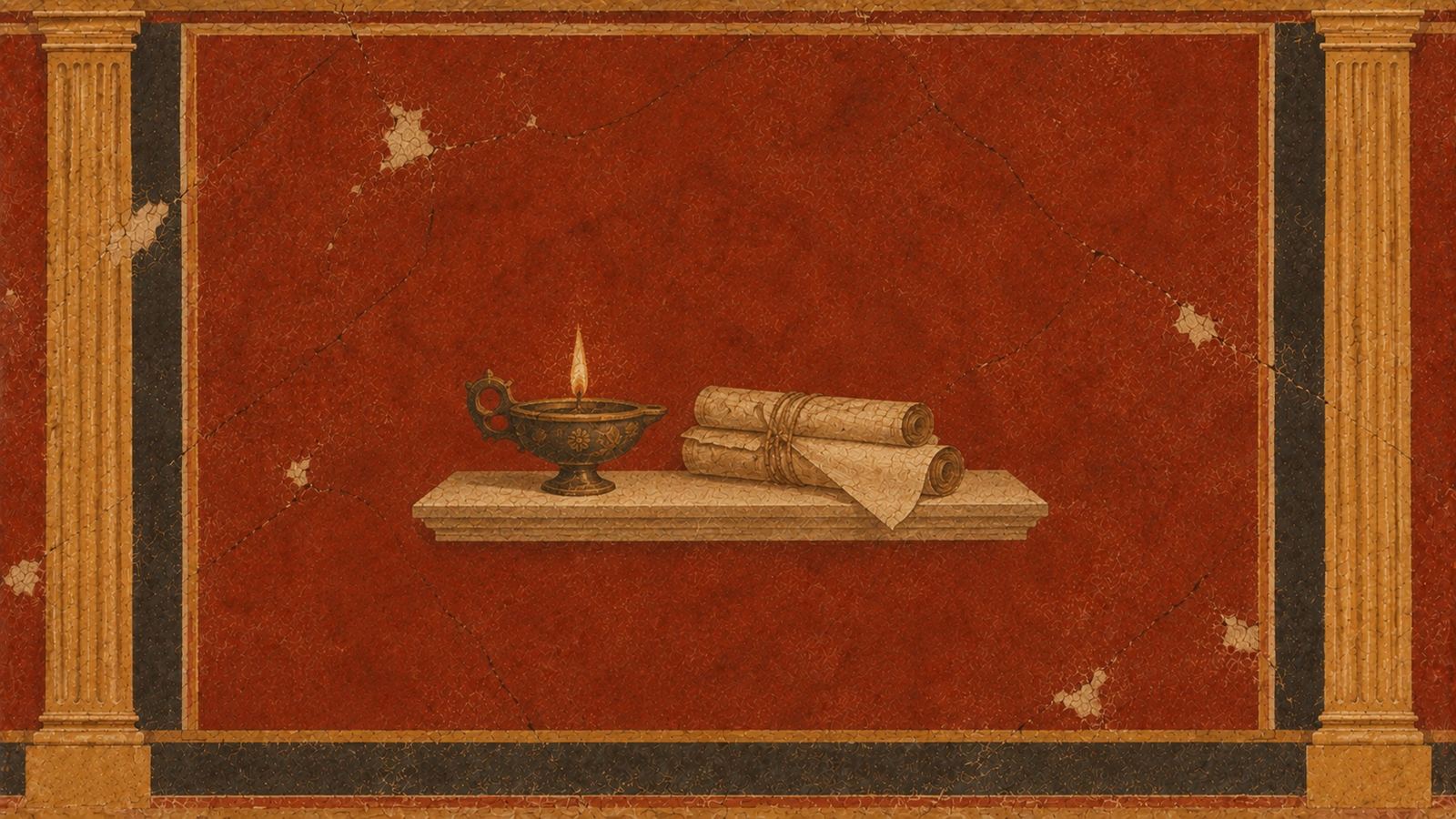 A Roman fresco still life of a lit bronze oil lamp beside a bundle of tied scrolls resting on a stone ledge