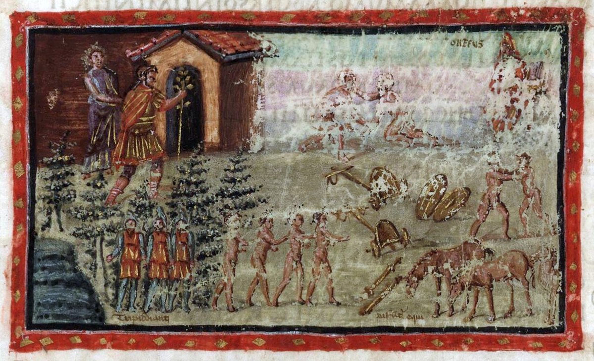 Late antique manuscript painting of Aeneas, holding the golden bough, led by the Sibyl toward the Elysian Fields