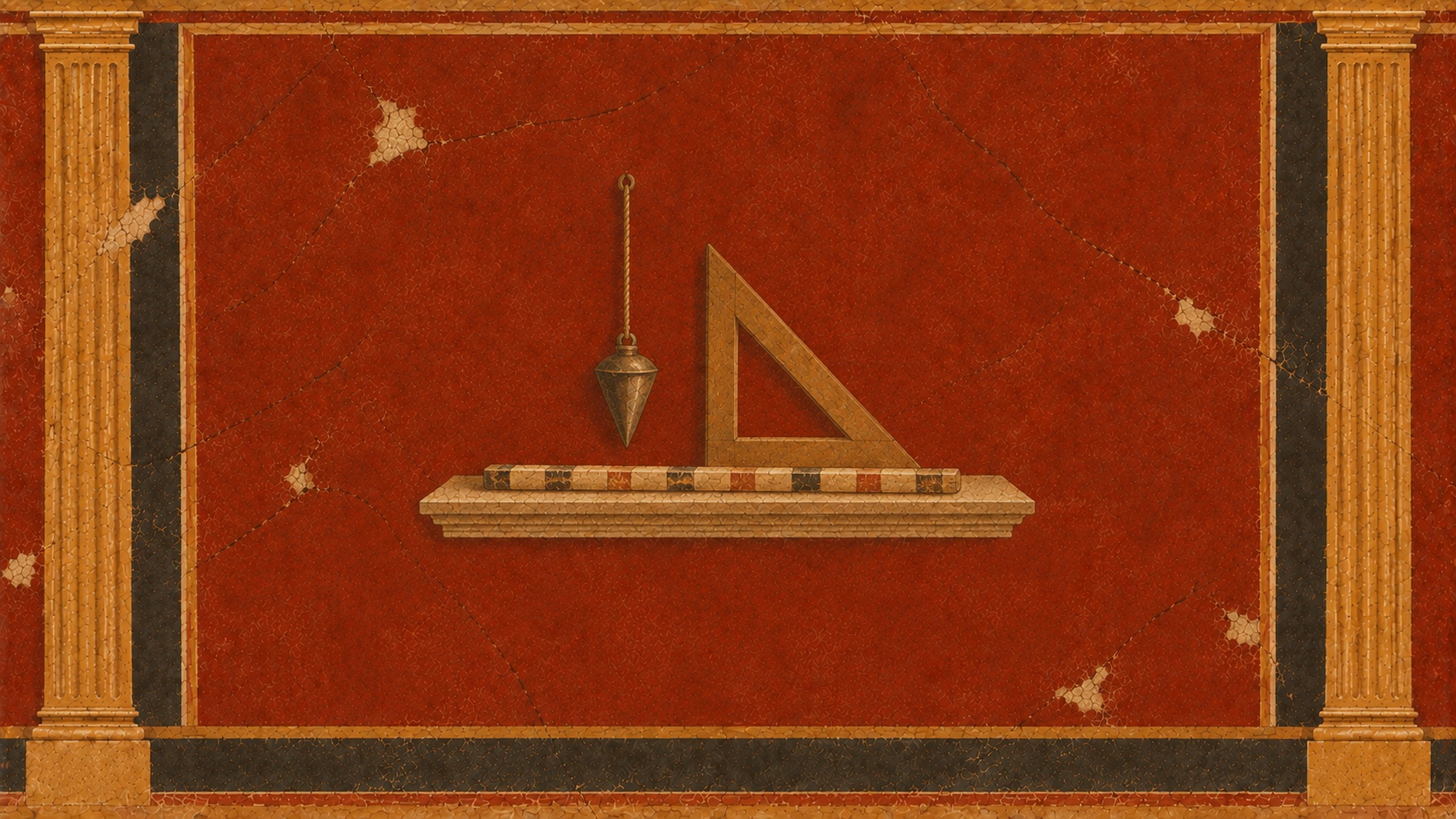 A Roman fresco still life of a builder's plumb bob and set-square resting on a stone ledge