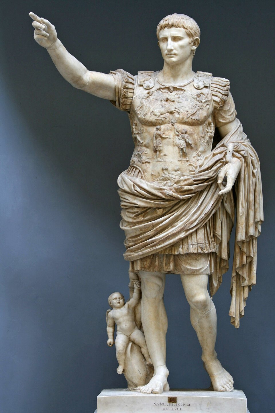 The marble statue of Augustus from Prima Porta, his right arm raised