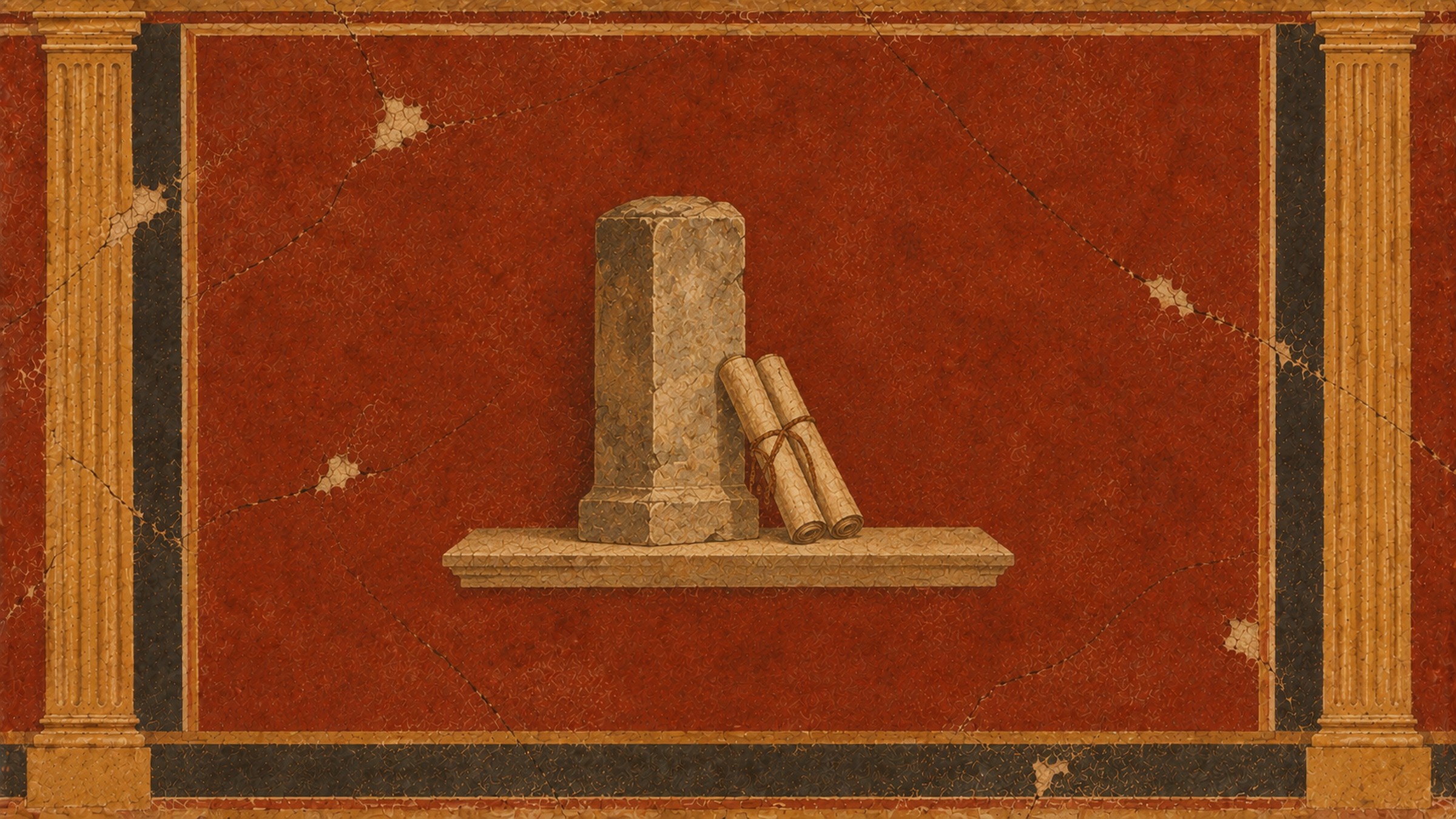 A Roman fresco of a weathered stone boundary marker standing on a stone ledge with two tied scrolls leaning against its base