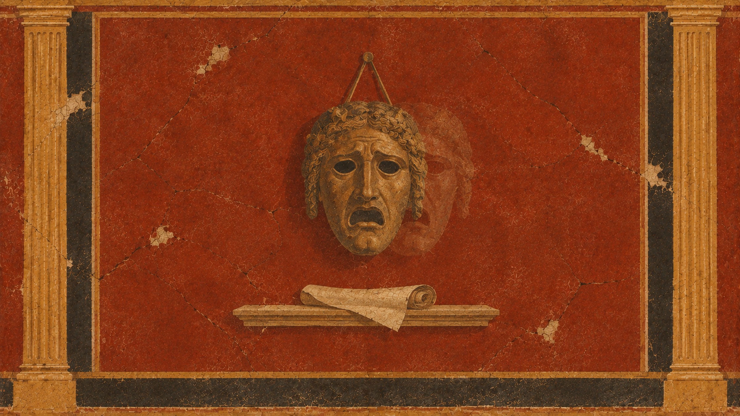 A Roman fresco of a bronze tragic theater mask hanging on a nail against a red wall, with a faint ghosted double of the mask offset behind it, and a scroll resting on a ledge below