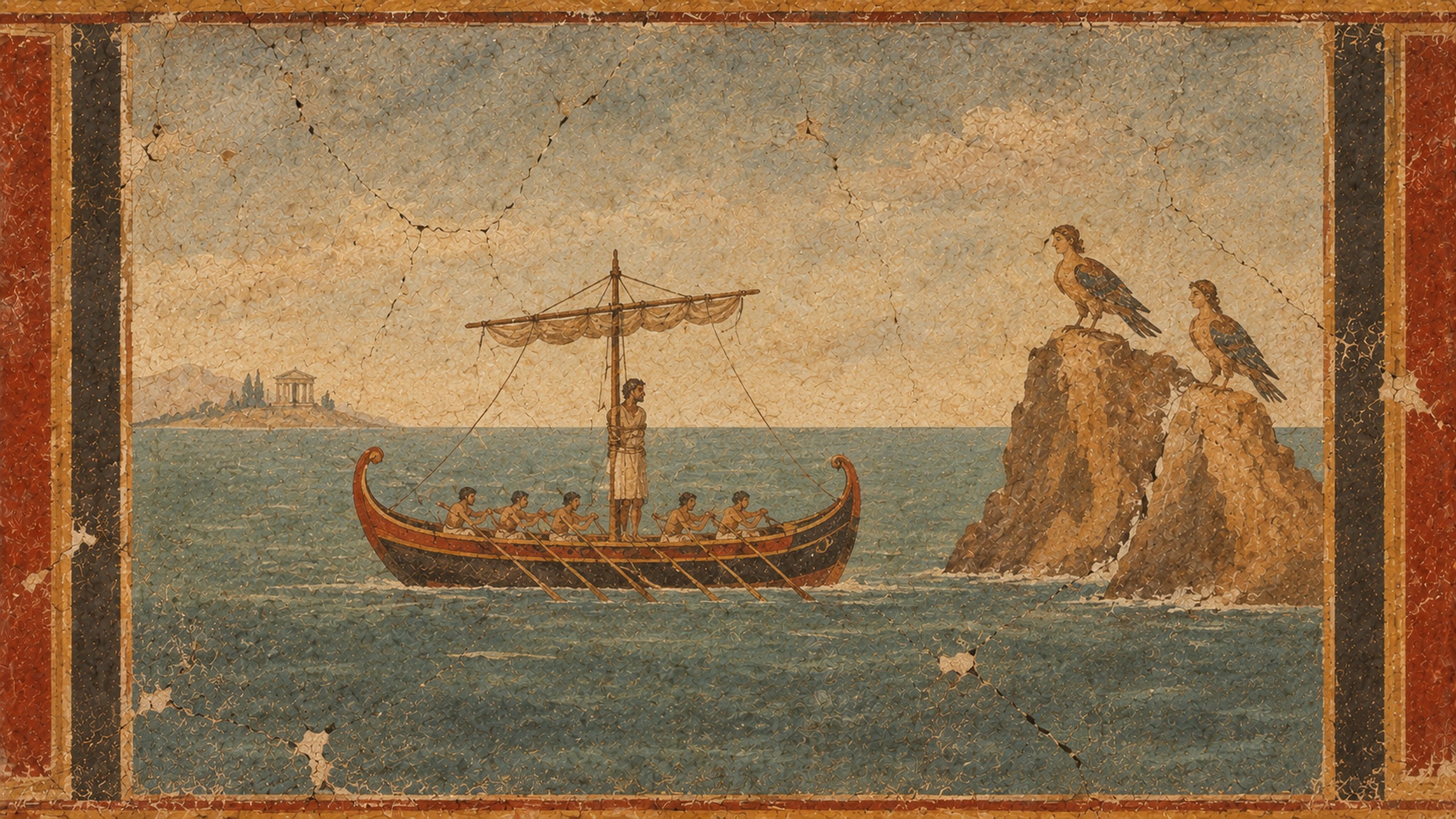 A Roman fresco of a ship with a bound figure lashed to the mast and oarsmen rowing past a rocky islet where two Sirens perch, a distant shrine on the horizon