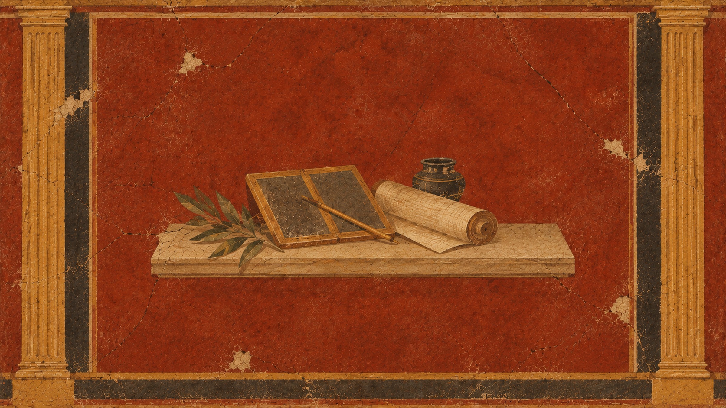 A Roman fresco still life of an open wax tablet with stylus, a partially unrolled scroll, a small dark inkwell, and a laurel sprig arranged on a stone ledge
