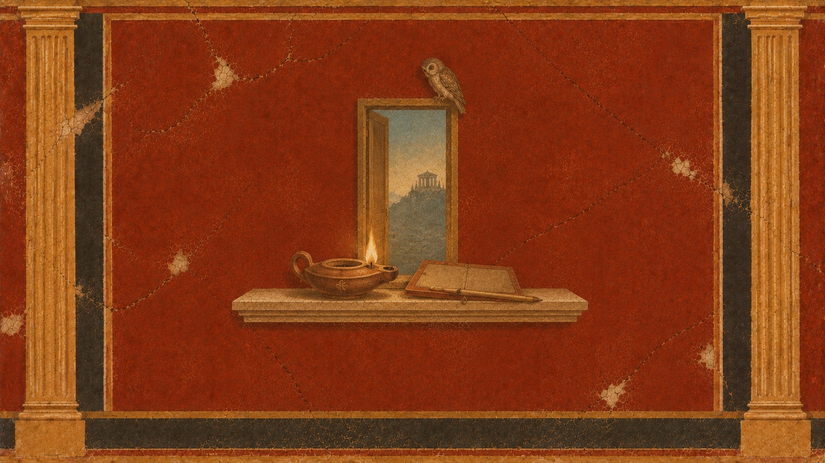 A painted Roman fresco still life of an open doorway looking out onto a distant hilltop temple, with a small owl perched above the door and a lit oil lamp beside an open wax tablet and stylus on a stone ledge