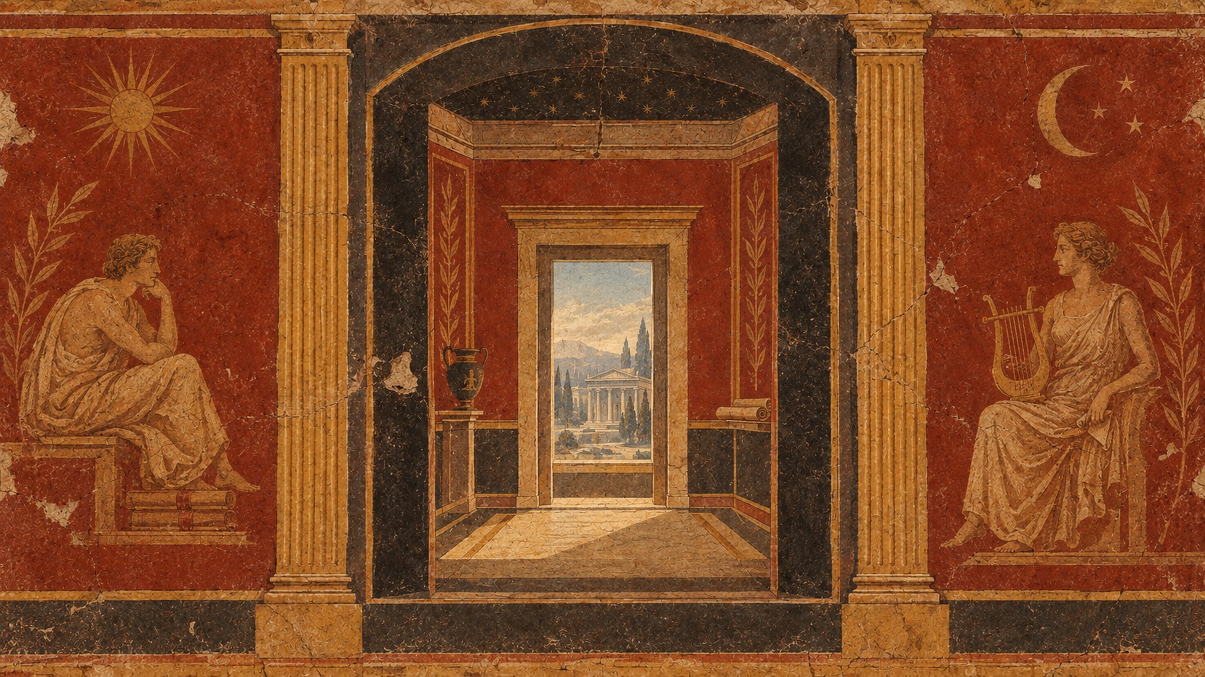 A painted Roman fresco of an arched portal opening through successive antechambers onto a sunlit classical temple beyond, flanked by seated philosopher figures beneath a sun and a crescent moon