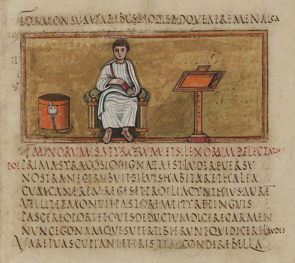 Late antique manuscript painting of the poet Vergil seated between a book chest and a reading stand